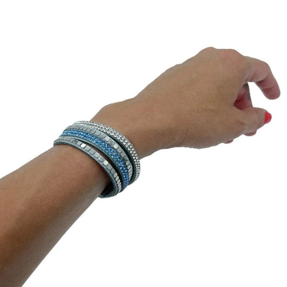"Moonstone" 8" Leather Wrap Bracelet Blue Rhinestones